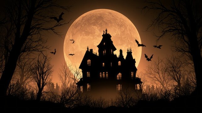 Spooky haunted house silhouette under a glowing full moon in a dark night forest with flying bats, eerie mist, mysterious trees and atmospheric halloween horror background