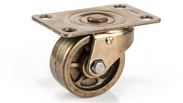Caster wheel made of polished brass provides heavy duty mobility for industrial equipment and furniture design projects.