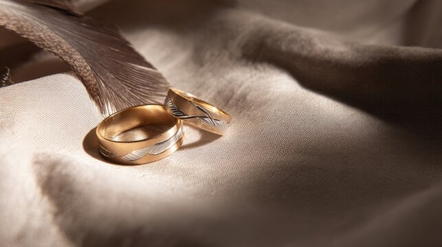commitment. Elegant wedding rings resting on soft fabric with a delicate feather. lifestyle magazines, social media lookbooks, designed for influencer and brand collaborations, strengthens branding.
