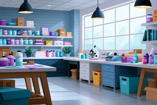 Creative concept: classroom makerspace activity zone with engineering supplies, craft materials and modular worktables, clean geometric composition