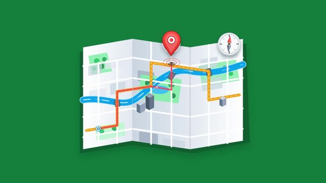 Flat design 2d animation of a folded white paper city map navigation system with a red location pin pointer and a compass icon floating on a solid green background showing travel routes