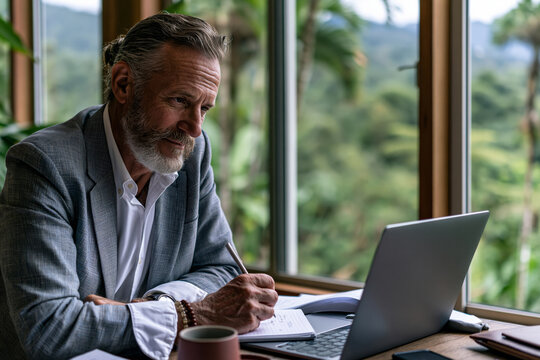 Business professional taking notes during focused work in a tropical office overlooking lush rainforest through expansive windows, bright natural daylight