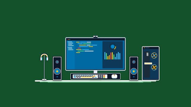 Modern complete personal computer setup icon animation featuring monitor, tower with cooling fans, keyboard, mouse, speakers, and headset on green background.