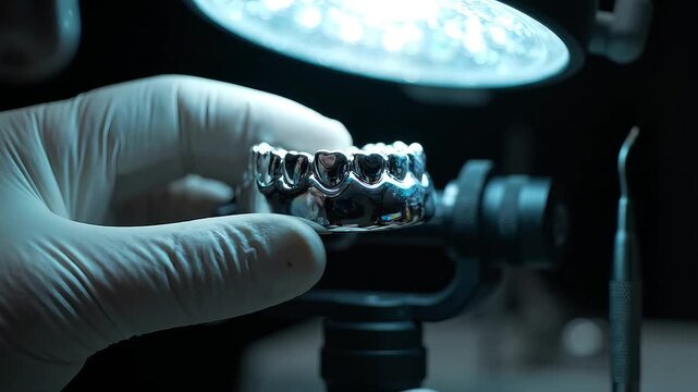 Gloved hand holding an intricate metallic object in close-up