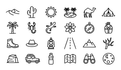 Fototapeta premium Desert Icon Set with Minimalist Monoline Outline Symbols for Travel and Adventure