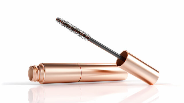 Mascara tube in rose gold with the wand removed is resting horizontally on a pure transparent background.
