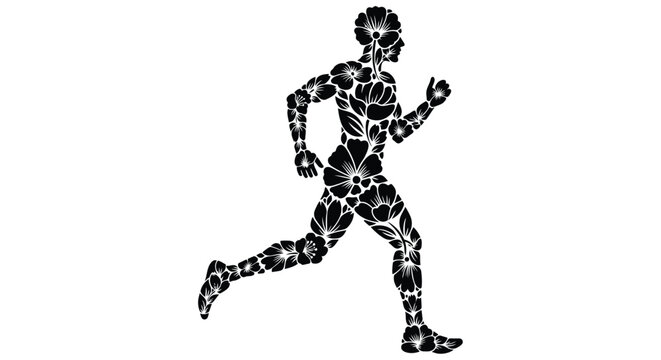 Floral silhouette of a running person black and white vector illustration