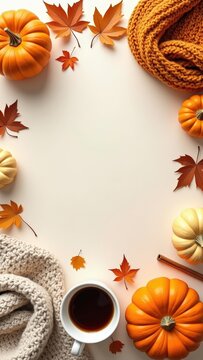 Cozy autumn flat lay with pumpkins, warm knitted blankets, coffee, maple leaves and cinnamon on a light background. Seasonal fall composition with copy space for text, banners and designs