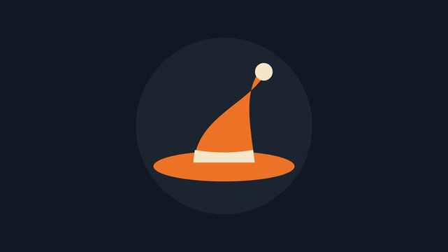 Flat Vector Illustration of an Orange Witch or Wizard Hat with White Trim and Pom Pom on Dark Background