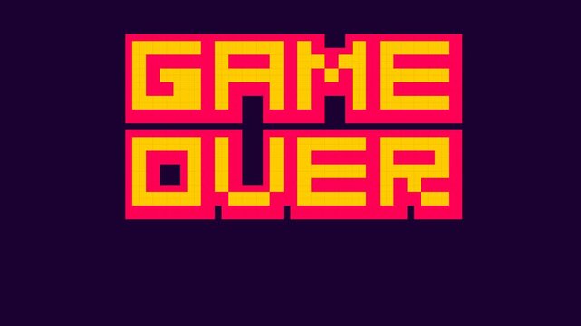 Retro game over style pixel explosion motion graphics footage on dark purple background