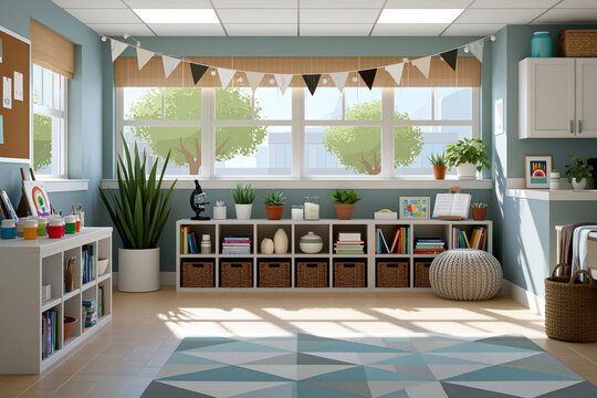 Concept showing organized classroom activity space featuring art station, science corner and reading area, bright natural lighting