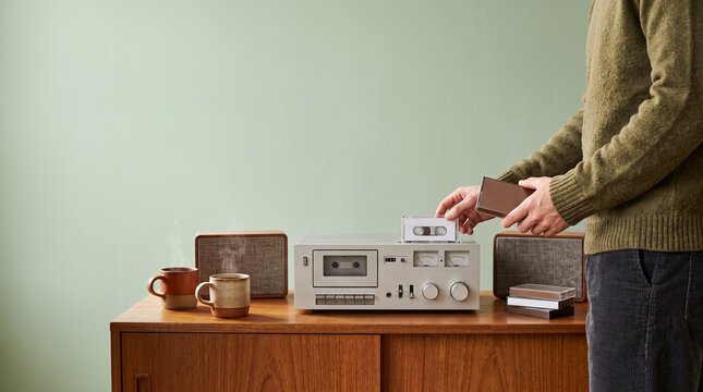 Person holding a cassette tape near a vintage deck player on a cabinet