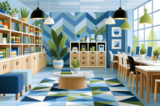 Educational scene: modern stem learning zone with robotics kits, building blocks, organized shelves and interactive workstations, clean geometric design