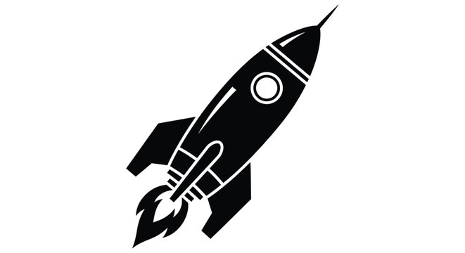 Black silhouette of a rocket ship with flames isolated on a white background