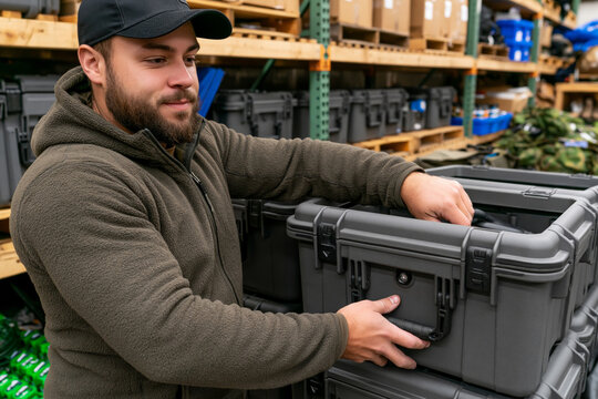 Man placing outdoor equipment into rugged transport cases on industrial shelving, organized workspace, realistic lifestyle photography
