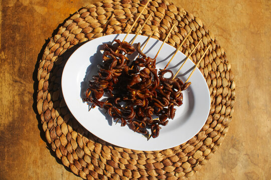 Indonesian Traditional Chicken Intestine Satay Served On Oval White Plate
