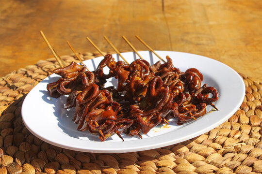 Indonesian Seasoned Chicken Intestine Skewers Served On Oval White Plate