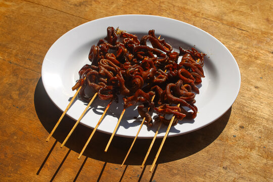 Indonesian Traditional Seasoned Chicken Intestine Satay On Oval White Plate