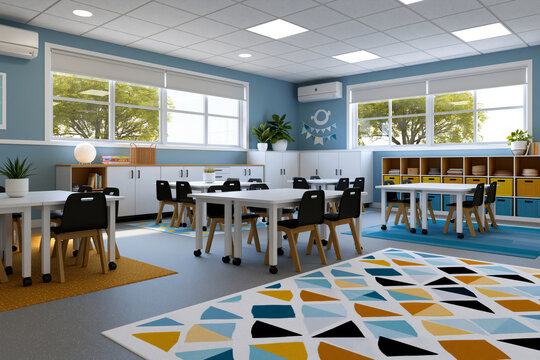 Flexible classroom learning space with movable desks, colorful rugs, storage cubbies and bright natural light, clean commercial design