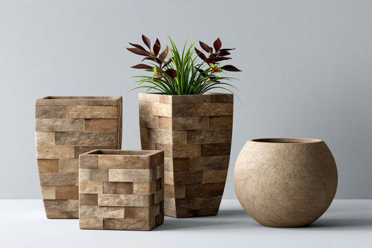of premium rugged garden planter set with rectangular, square and round weather-resistant containers, textured stone finish, balanced catalog layout, isolated light background