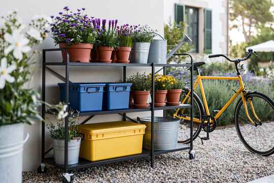 of weather-resistant outdoor storage box set displayed on modular shelving with balanced spacing and generous copy space, bright daylight
