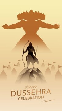 4K Animated Video Dussehra Festival Greeting Featuring Lord Rama and Ravana Silhouettes with Warm Golden Festive Landscape