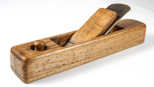 Wood plane rests on a white background to demonstrate traditional carpentry and woodworking tools.