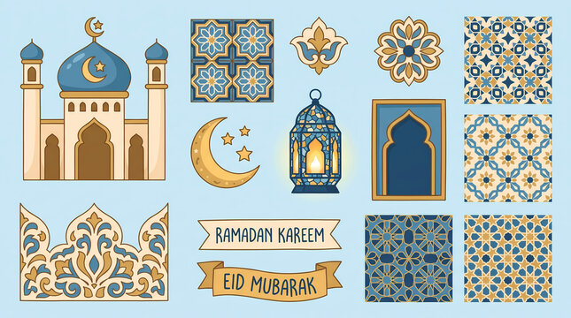 ramadan kareem eid mubarak vector illustrations cute mosque crescent moon lantern mosaic tile ornament pattern for greeting cards invitations posters backgrounds