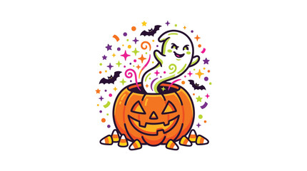 Obraz premium Cute cartoon ghost emerging from a carved jack o lantern pumpkin during halloween celebration