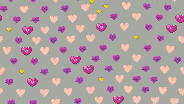 Seamless pattern of cartoon hearts and electrocardiogram lines