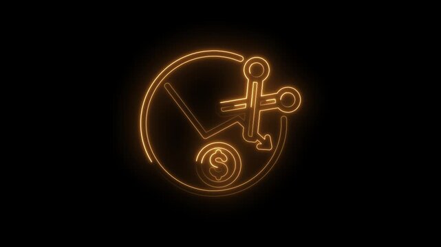Glowing neon orange financial graph icon with scissors cutting a dollar coin on a black
