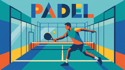 Fototapeta premium Modern padel sport vector featuring an abstract geometric player with racket and ball on a court, ideal for fitness banners, sports posters, padel tournaments, clubs, and promotional designs.