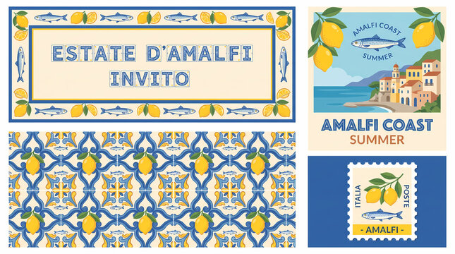 Mediterranean summer seamless pattern with lemons, sardines, blue Italian ceramic tiles, and Amalfi Coast elements for invitations, posters, backgrounds, wrapping paper, and stamps.