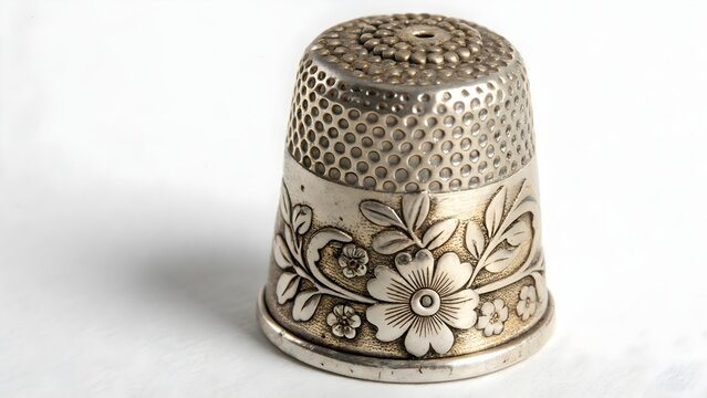 Silver thimble decorated with floral engravings stands upright on a white surface.