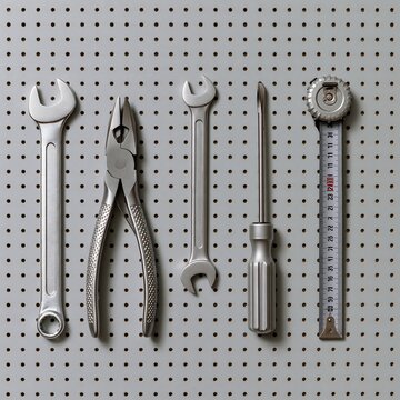 Minimalist tool set with wrench, pliers, screwdriver and tape measure neatly organized on grey pegboard, flat lay knolling concept for professional workshop storage and 5S methodology

