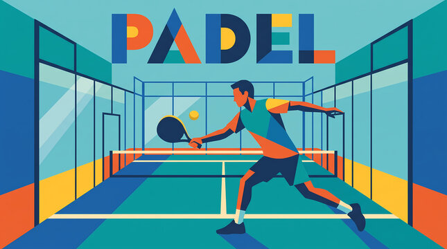 Modern padel sport vector featuring an abstract geometric player with racket and ball on a court, ideal for fitness banners, sports posters, padel tournaments, clubs, and promotional designs.
