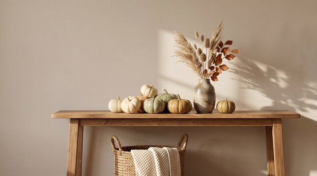 Pumpkins and Dried Flowers on Wooden Console Table
