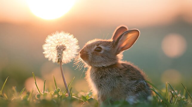 Cute bunny rabbit smelling dandelion fluff at golden hour sunset, beautiful rim lighting on soft fur, idyllic spring nature landscape with cinematic bokeh
