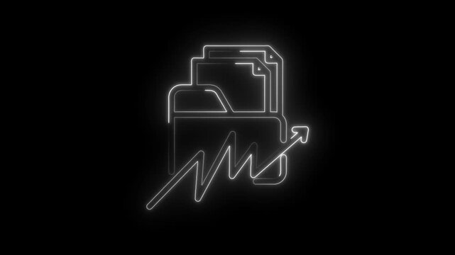 Neon glowing icon of stacked documents and upward trending arrow symbolizing financial growth
