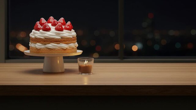 窓の外に瞬く都会の夜景ボケ、苺のクリスマスショートケーキと優しく揺らめくキャンドルの光