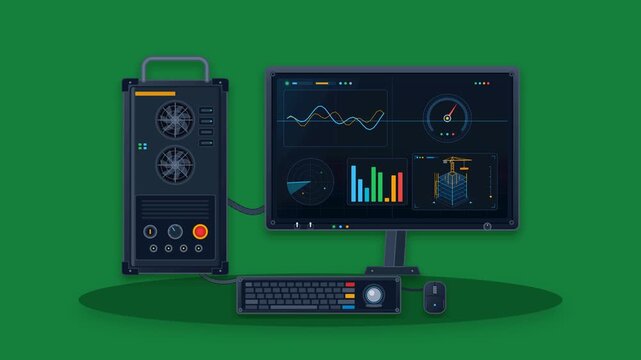 Detailed flat design 2D animation of a computer workstation including a dark tower and monitor displaying glowing digital data charts and waveforms on a solid green background.