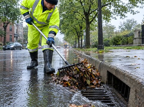 Worker Cleaning Leaves from Street Drain During Rain
