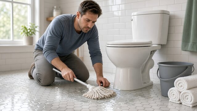 Man Cleaning Bathroom Floor with Mop Next to White Toilet in House Interior