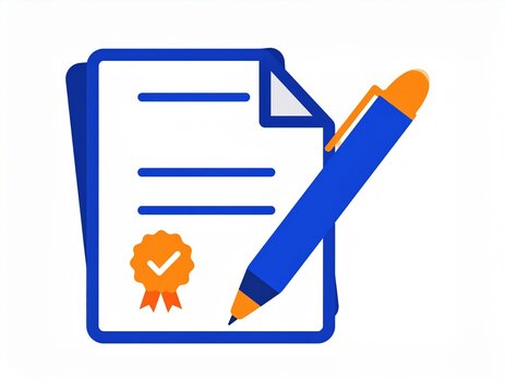 Flat vector illustration of a digital contract document with a checkmark badge and pen representing agreement approval.
