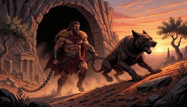 Mythical hero leading chained monstrous dog from dark cave entrance into a dramatic sunset landscape with ancient ruins and sparse vegetation, showcasing strength and struggle.
