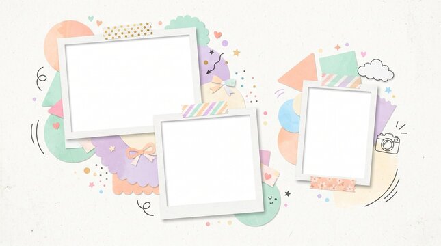Pastel scrapbook photo frames with washi tape, cute aesthetic polaroid collage with hand drawn doodles, whimsical memory board layout for social media