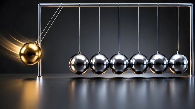 Gold ball hitting silver balls in a Newtons cradle representing momentum kinetic energy and business leadership impact.