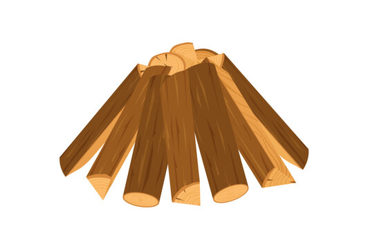 Cartoon firewood pile in brown color sticker. Wooden log bundle as simple campfire wood stack. Tree trunk piece group with dry timber texture, nature fuel concept and rustic sticker for camping,