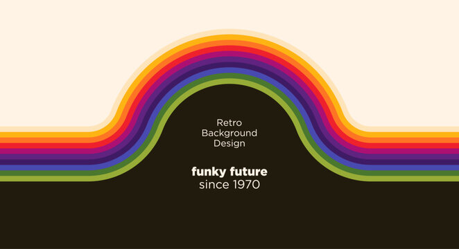 A retro 70s vector background featuring a colorful arched rainbow wave pattern. Vector illustration.