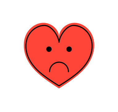 Cool retro heart badge cartoon with sad eyes and red emoticon. Heart smiley sticker and classic emoji show bold y2k vibe. Modern pop art, nostalgic cartoon graphic style for trendy projects.